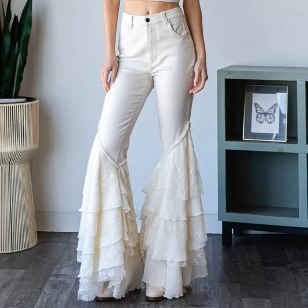 O&H White Tiered Lace Western Flare Jean
